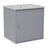 Gray storage cabinet with a speckled white countertop, perfect for modern decor.