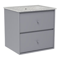 Gray cabinet with two drawers and a speckled white countertop. Modern and stylish design for any room.