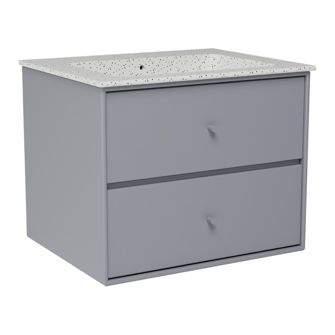 Gray bathroom vanity with a speckled white countertop and two smooth pull drawers. Modern, sleek design.