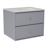 Gray bathroom vanity with a speckled white countertop and two smooth pull drawers. Modern, sleek design.