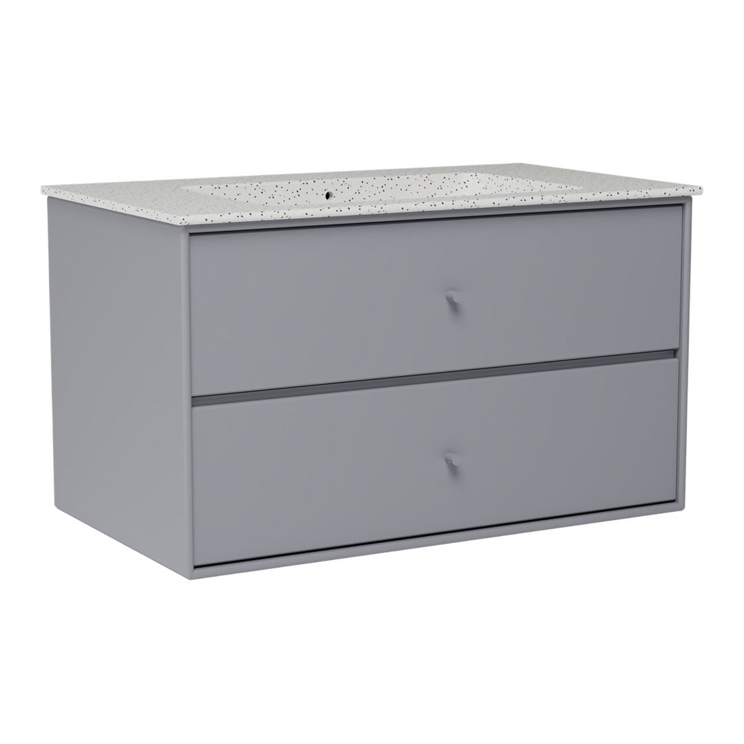 Gray bathroom vanity with a speckled white countertop and sleek minimalist design. Features two spacious drawers.