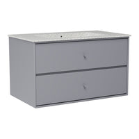 Gray bathroom vanity with a speckled white countertop and sleek minimalist design. Features two spacious drawers.