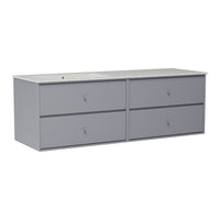Gray, minimalist dresser with four smooth drawers and a sleek surface design, perfect for modern interiors.