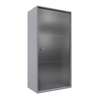 Gray metal cabinet with a sleek, modern design and vertical ribbed pattern on the door.