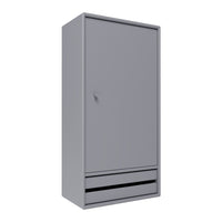 Sleek grey cabinet with a smooth finish and minimalist design, featuring a textured handle and subtle drawer accents.