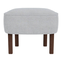 Light gray upholstered ottoman with simple, clean lines and sleek wooden legs. Ideal for modern decor.