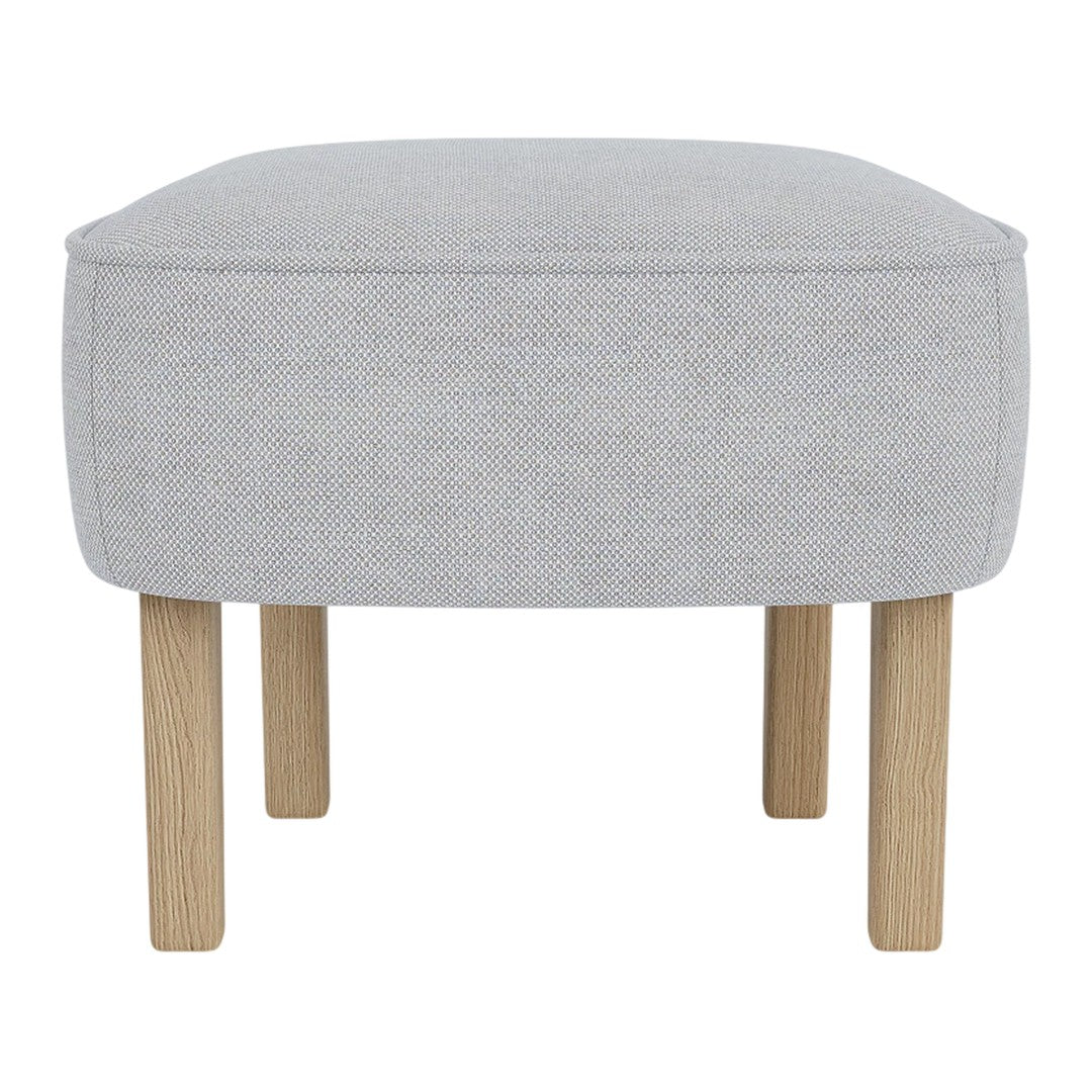 Light gray upholstered ottoman with minimalist design and natural wood legs. Ideal for modern decor.
