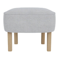Light gray upholstered ottoman with minimalist design and natural wood legs. Ideal for modern decor.