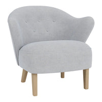 Light gray upholstered chair with subtle button tufting and natural wood legs, featuring a curved back design.