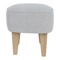 Grey upholstered ottoman with subtle textured fabric and natural wooden legs, perfect for modern decor.