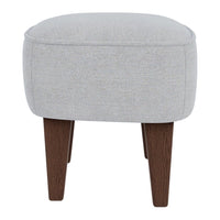 Gray upholstered ottoman with a textured pattern and dark wooden legs. Simple, modern design for versatile decor.
