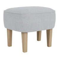 Light gray upholstered ottoman with natural wood legs, featuring a smooth, minimalist design.