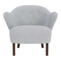 Light gray upholstered chair with a curved back, subtle button detailing, and wooden legs. Ideal for modern decor.