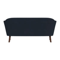 Navy blue sofa with a sleek, modern design and wooden legs, featuring a smooth, solid fabric pattern.