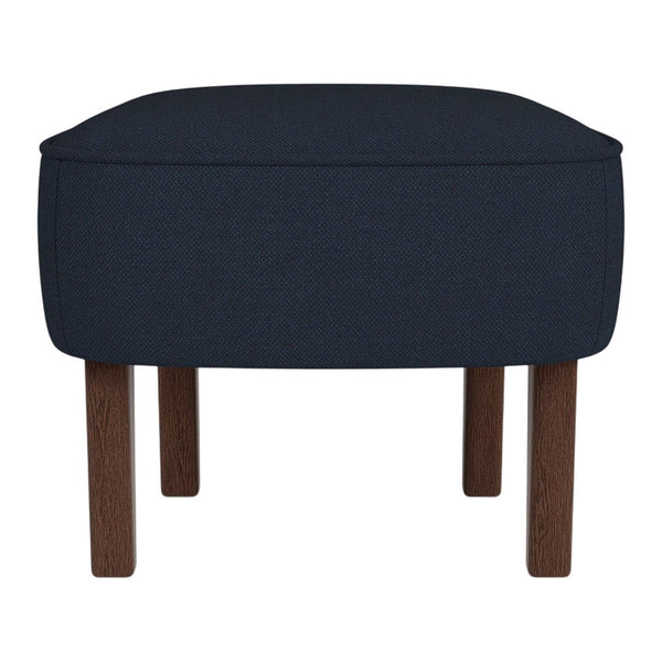 Navy blue upholstered ottoman with sleek edges and natural wood legs, featuring a minimalist design.