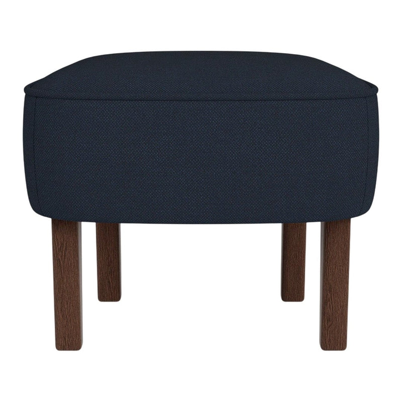 Navy blue upholstered ottoman with sleek edges and natural wood legs, featuring a minimalist design.