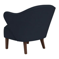Navy blue upholstered chair with a smooth finish and wooden legs, featuring a contemporary curved design.