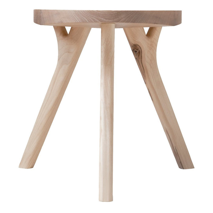 Natural wood stool with a light finish and a minimalist design, featuring a smooth round top and three tapered legs.
