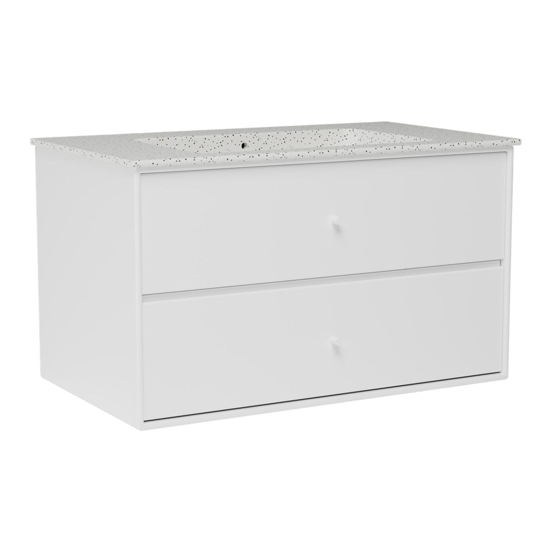 White contemporary dresser with a speckled white countertop and smooth drawer fronts, ideal for modern decor.