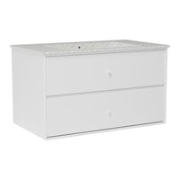 White contemporary dresser with a speckled white countertop and smooth drawer fronts, ideal for modern decor.