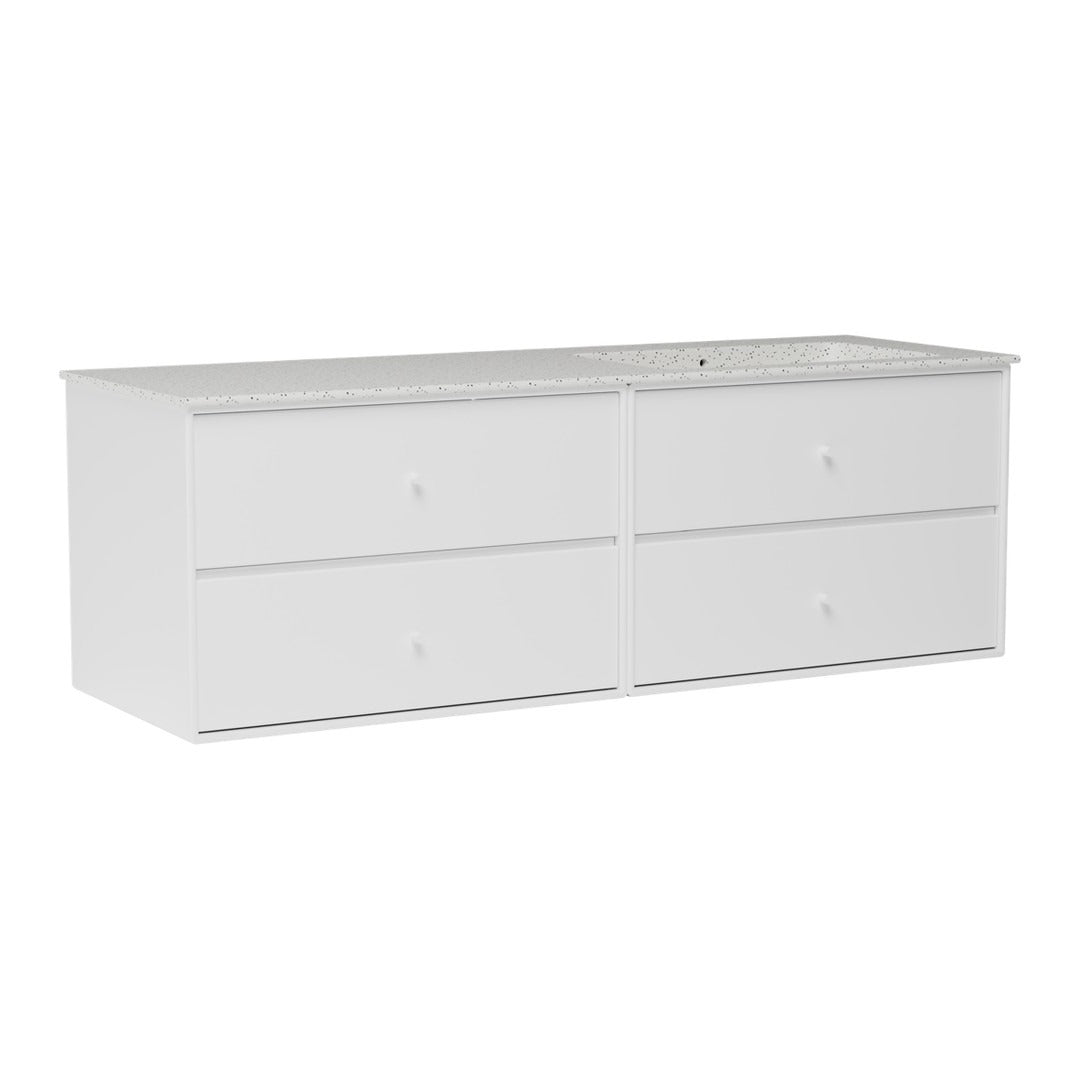 White dresser with a smooth finish and four spacious drawers, featuring simple round knobs. Minimalist design.