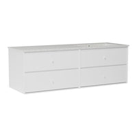White dresser with a smooth finish and four spacious drawers, featuring simple round knobs. Minimalist design.