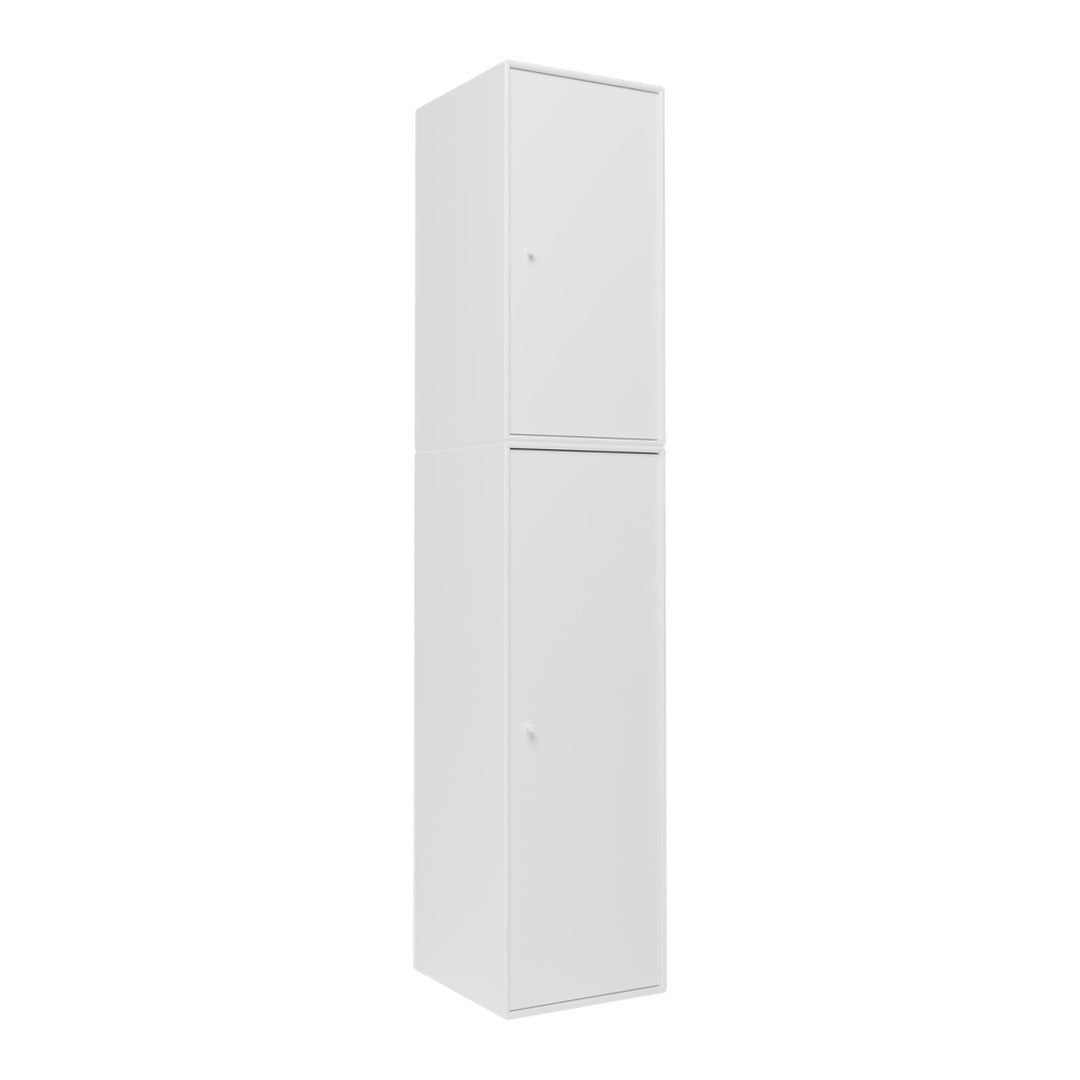 Tall, sleek white storage cabinet with a smooth surface and minimalist design, perfect for modern spaces.