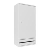 White wardrobe with a smooth finish and sleek black handle accents on the bottom drawers.