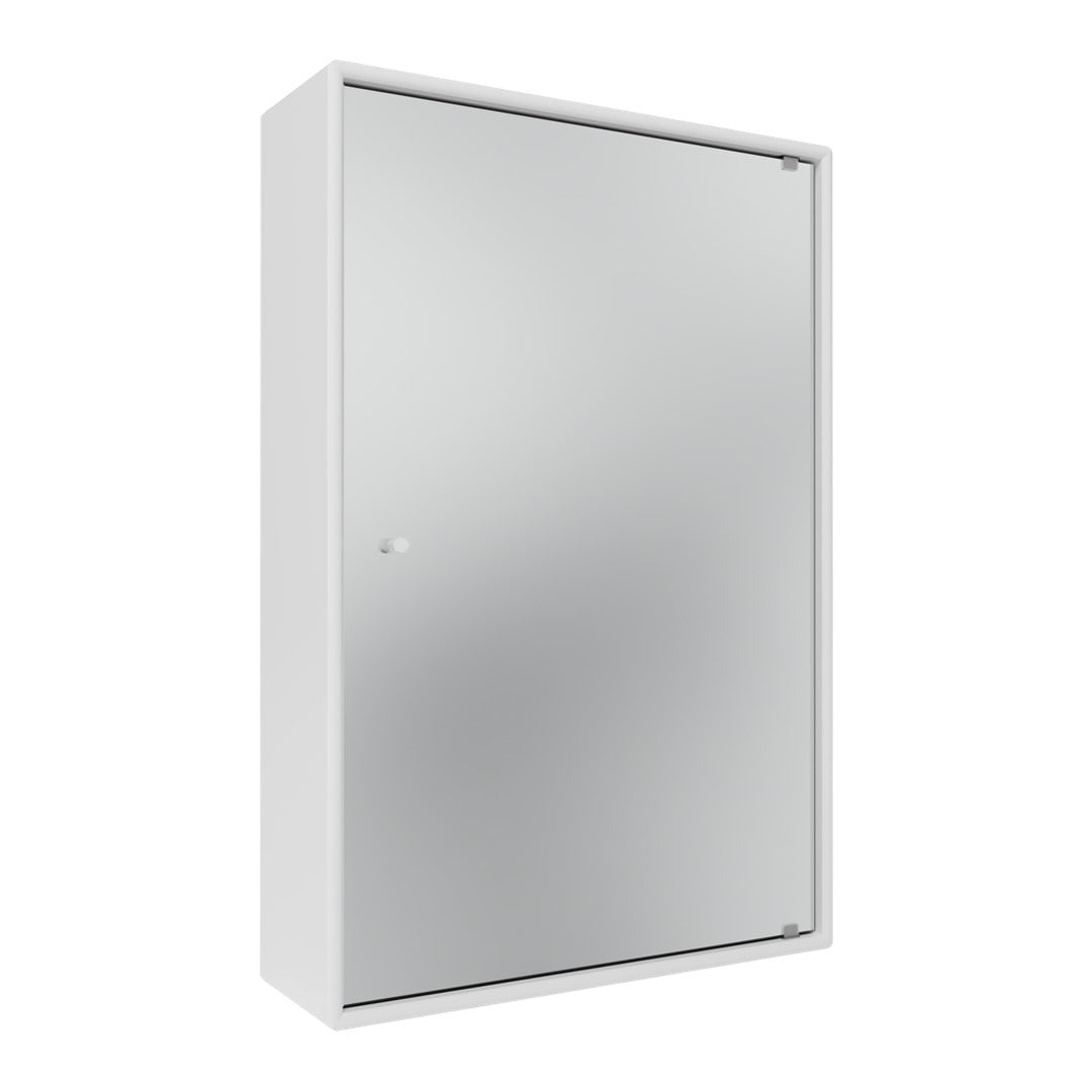 Sleek silver mirrored cabinet with a minimalist white frame and no visible patterns.