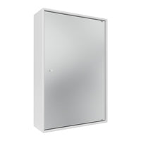 Sleek silver mirrored cabinet with a minimalist white frame and no visible patterns.
