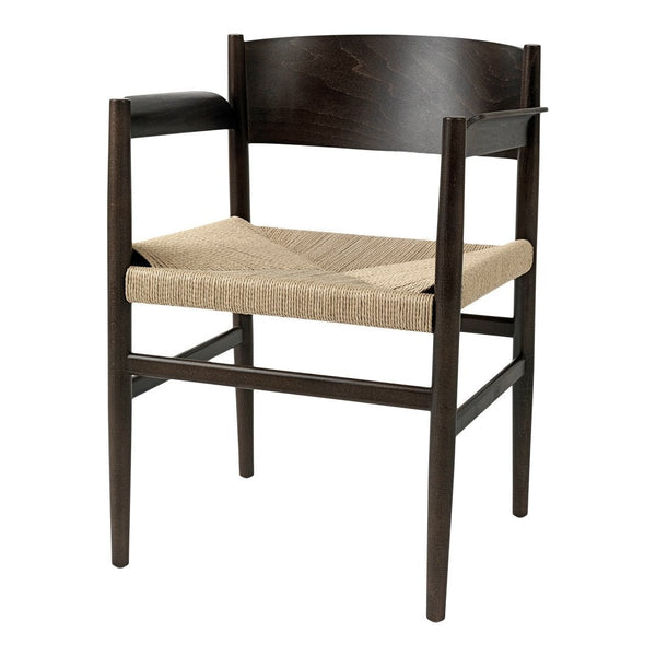 Dark wood chair with a beige woven seat, featuring simple lines and a minimalist design. Perfect for modern decor.