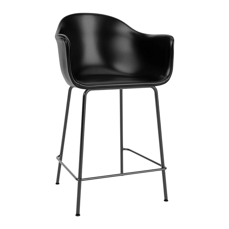 Black upholstered bar stool with a smooth, curved seat and sleek metal legs. Modern and minimalist design.
