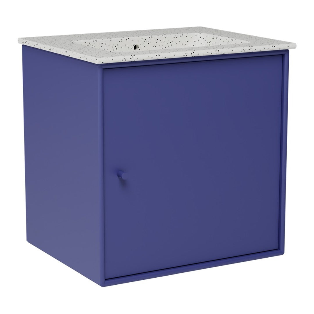 "Bold blue cabinet with a speckled white top, featuring a smooth finish and sleek design."