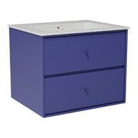 Vibrant blue cabinet with two drawers and a speckled white countertop. Perfect for modern decor.
