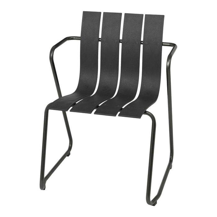 Black striped chair with a sleek metal frame, featuring a minimalist design and modern aesthetic.