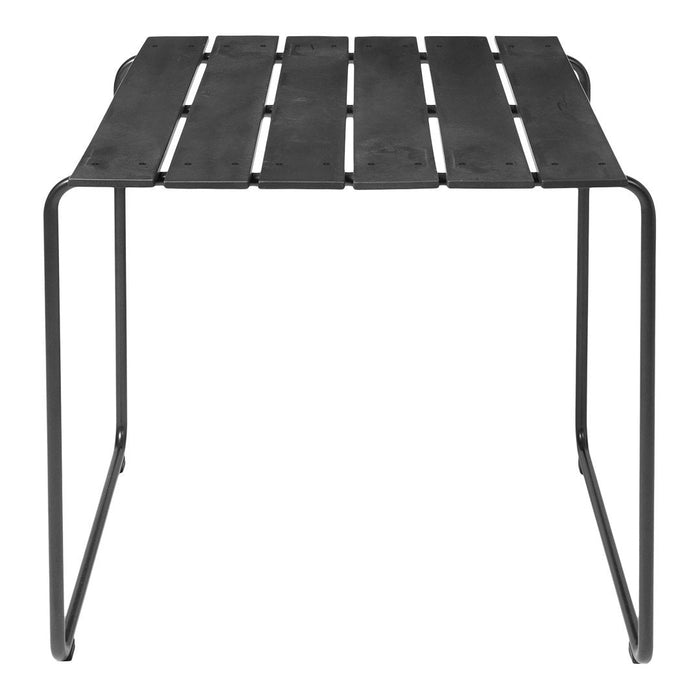 Black metal table with slatted design and sleek, minimalistic frame. Perfect for modern decor.