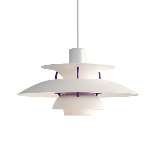 Modern white pendant lamp with layered design and vibrant purple accents. Stylish and contemporary lighting solution.