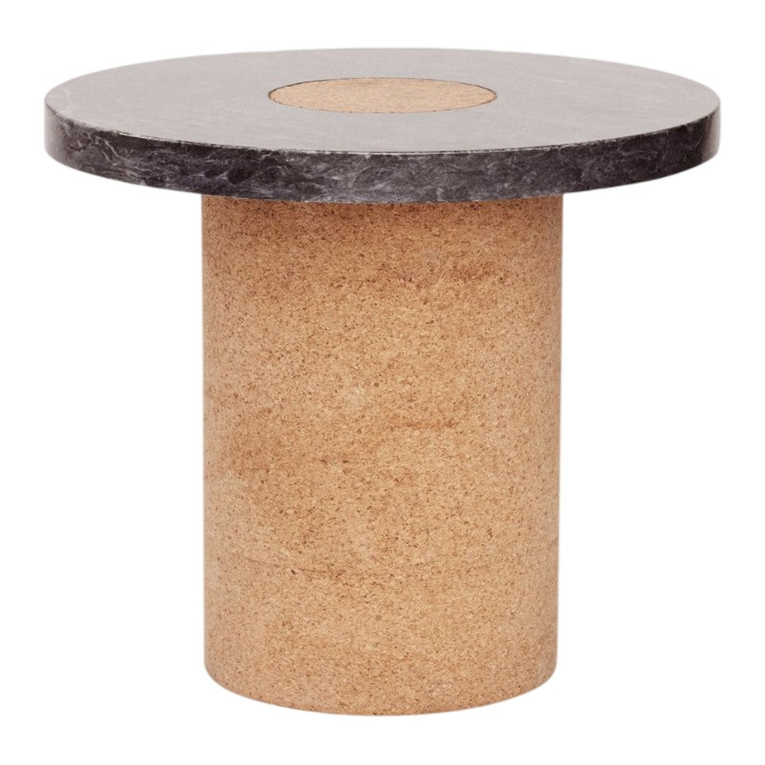 Round cork table with a sleek dark gray top and natural cork base, featuring a minimalist design.