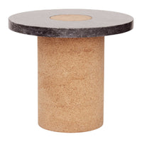 Round cork table with a sleek dark gray top and natural cork base, featuring a minimalist design.