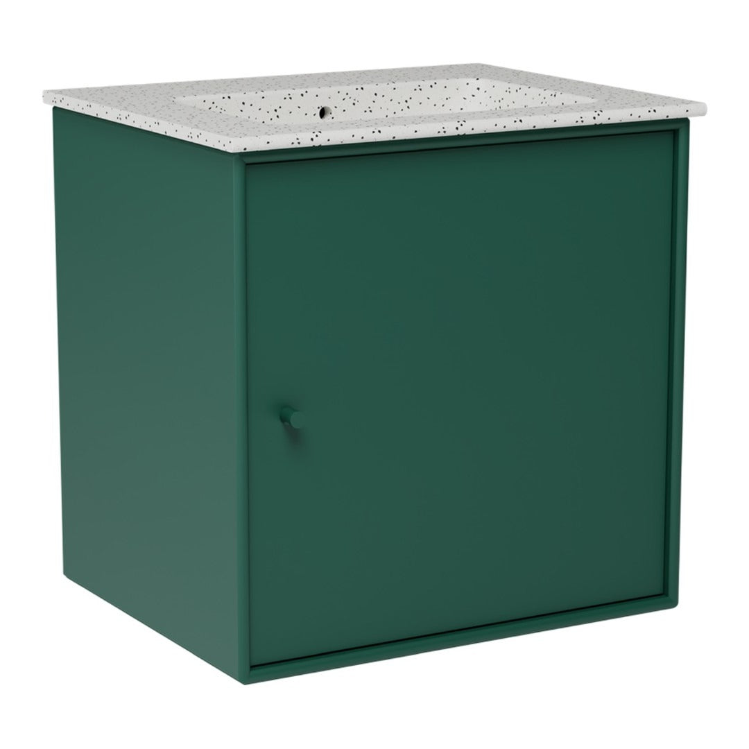 Green storage cabinet with a speckled gray top and a minimalist design, perfect for modern decor.