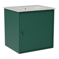 Green storage cabinet with a speckled gray top and a minimalist design, perfect for modern decor.