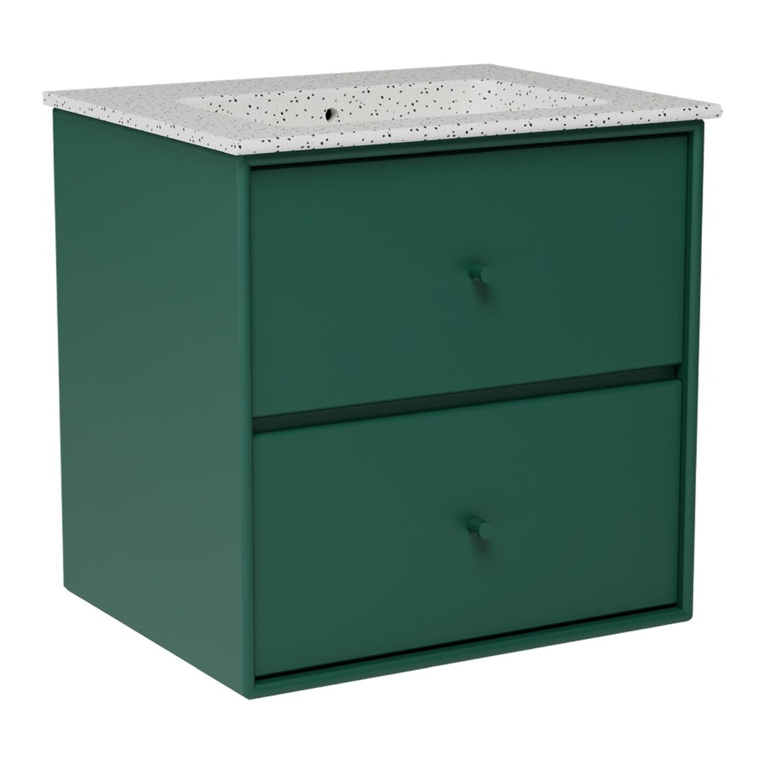 Green storage cabinet with a textured white speckled top and two smooth, matching green drawers.