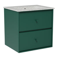 Green storage cabinet with a textured white speckled top and two smooth, matching green drawers.