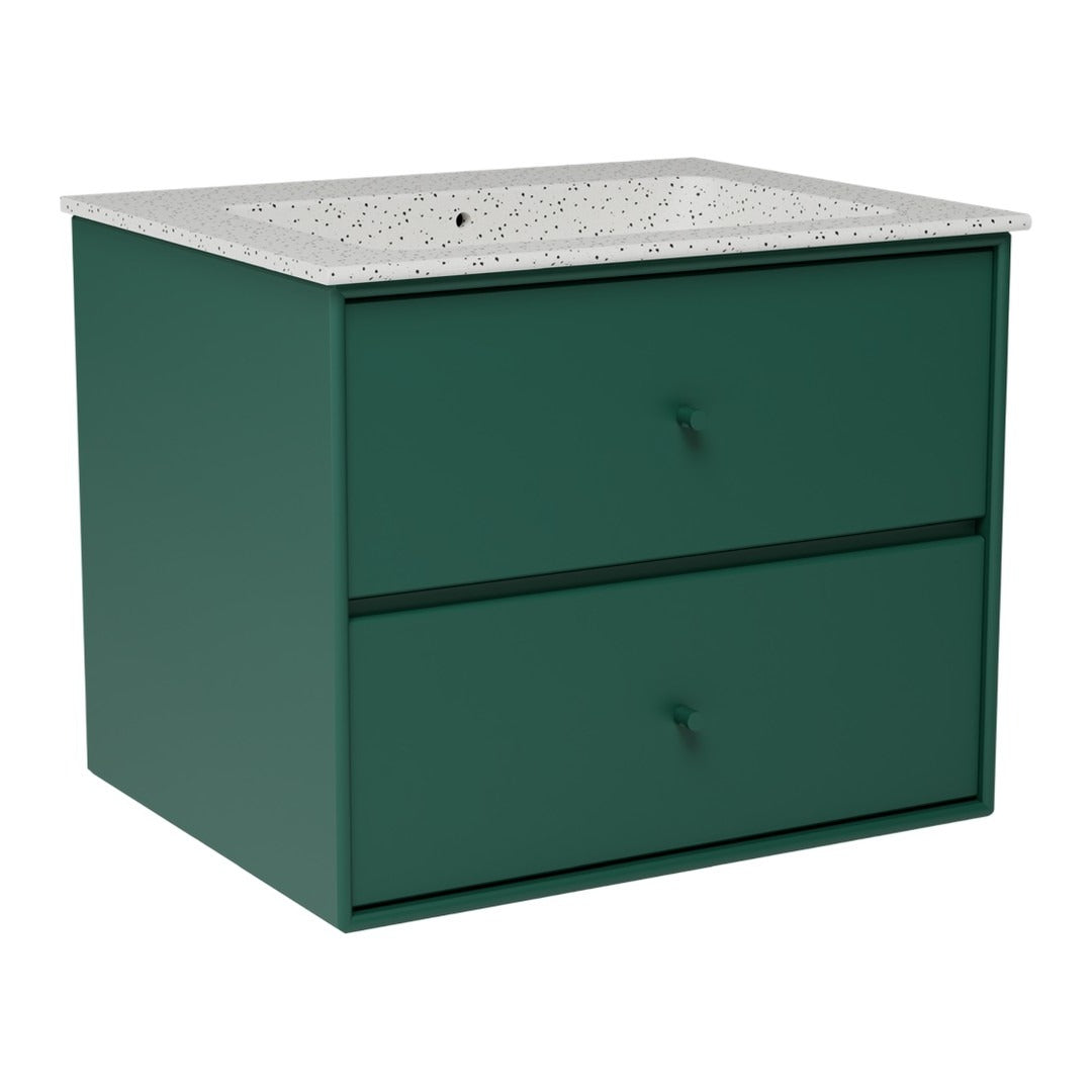 Green cabinet with two drawers and a speckled white countertop pattern. Ideal for modern decor.