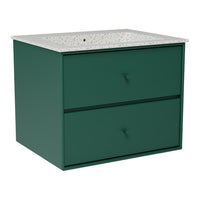 Green cabinet with two drawers and a speckled white countertop pattern. Ideal for modern decor.