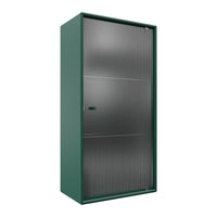 Green metal storage cabinet with a smooth, textured gray door featuring vertical lines.