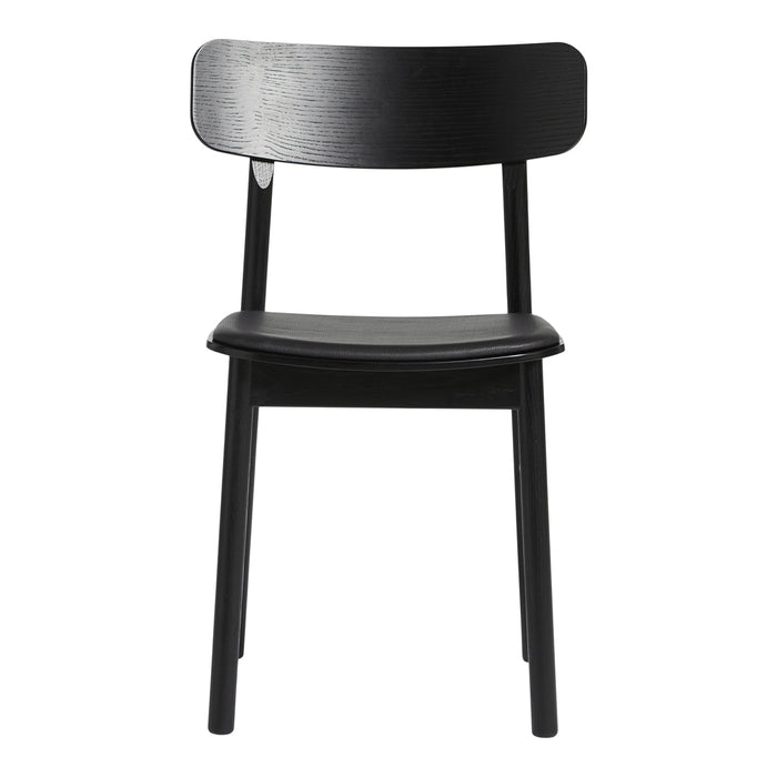 Black wooden chair with a simple, modern design and smooth finish, perfect for minimalist decor.