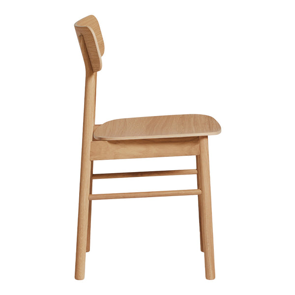Side view of a natural wood chair with a minimalist design and smooth finish, showcasing its light oak color and clean lines.