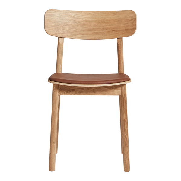 Natural wood chair with a light oak finish and a rich brown leather seat, featuring a minimalist design.
