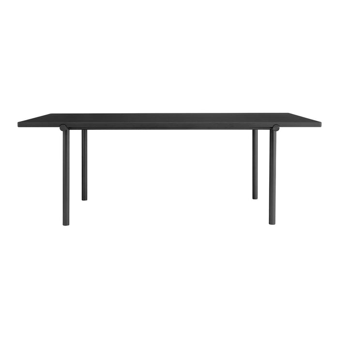 Sleek black rectangular table with minimalist design, featuring clean lines and smooth matte finish.